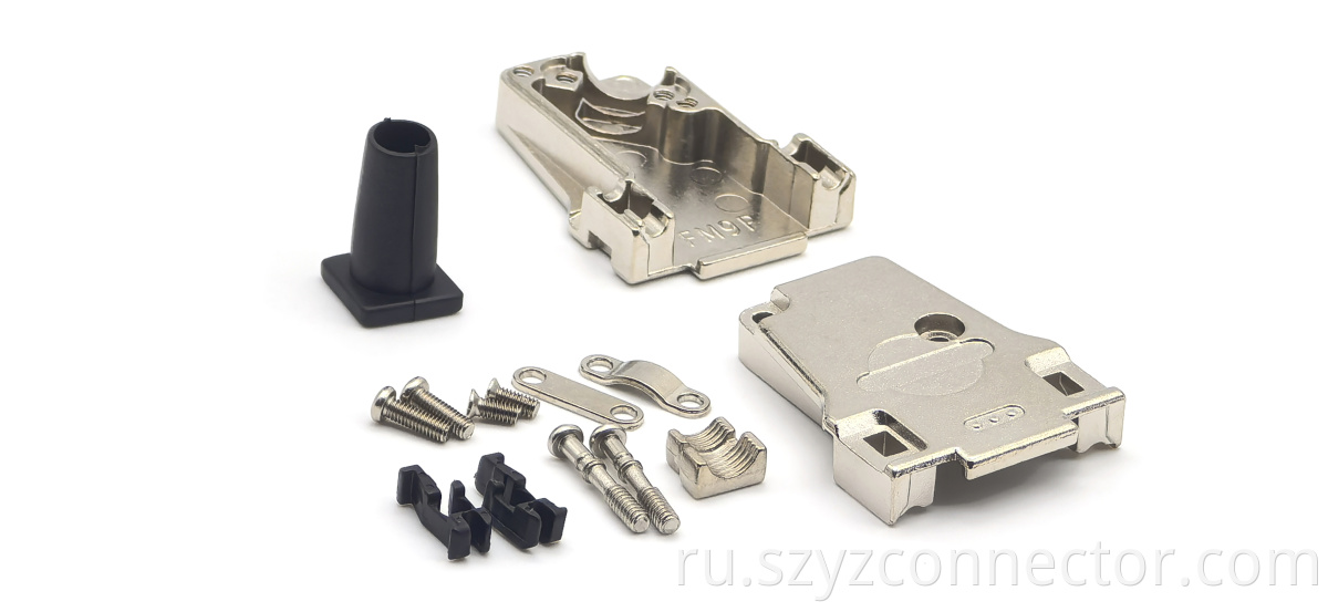 F type DB9P Zinc alloy shell with straight exit+clip+screw parts